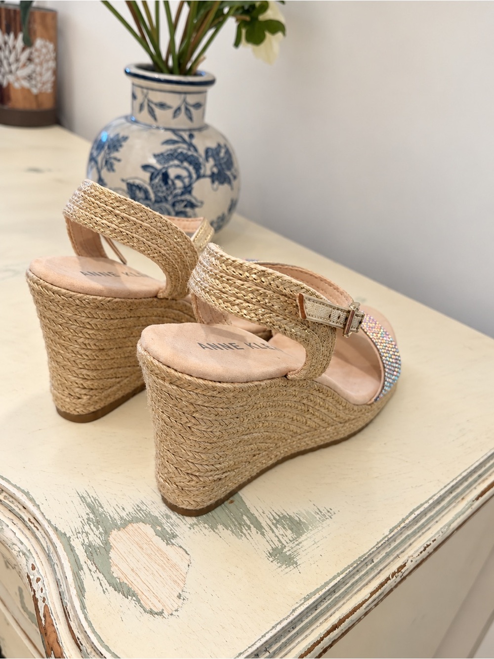 Anne Klein Women’s Beige/Gold Wedge Sandals Rhinestone Strap Buckle